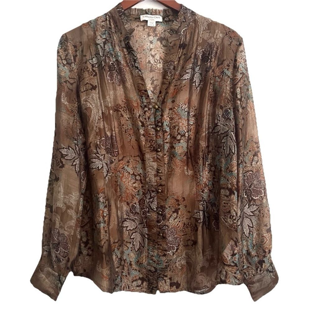 Coldwater Creek Sheer Blouse L Brown Button Ruffle Floral Whimsygoth Fairy